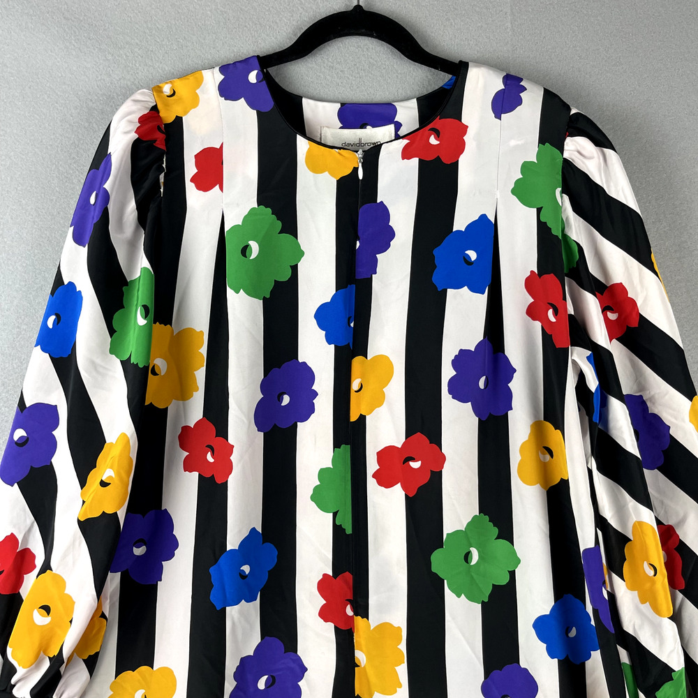 Vintage David Brown Saks Fifth Ave House Dress Womens Large Floral Stripe Artsy - Picture 2 of 16